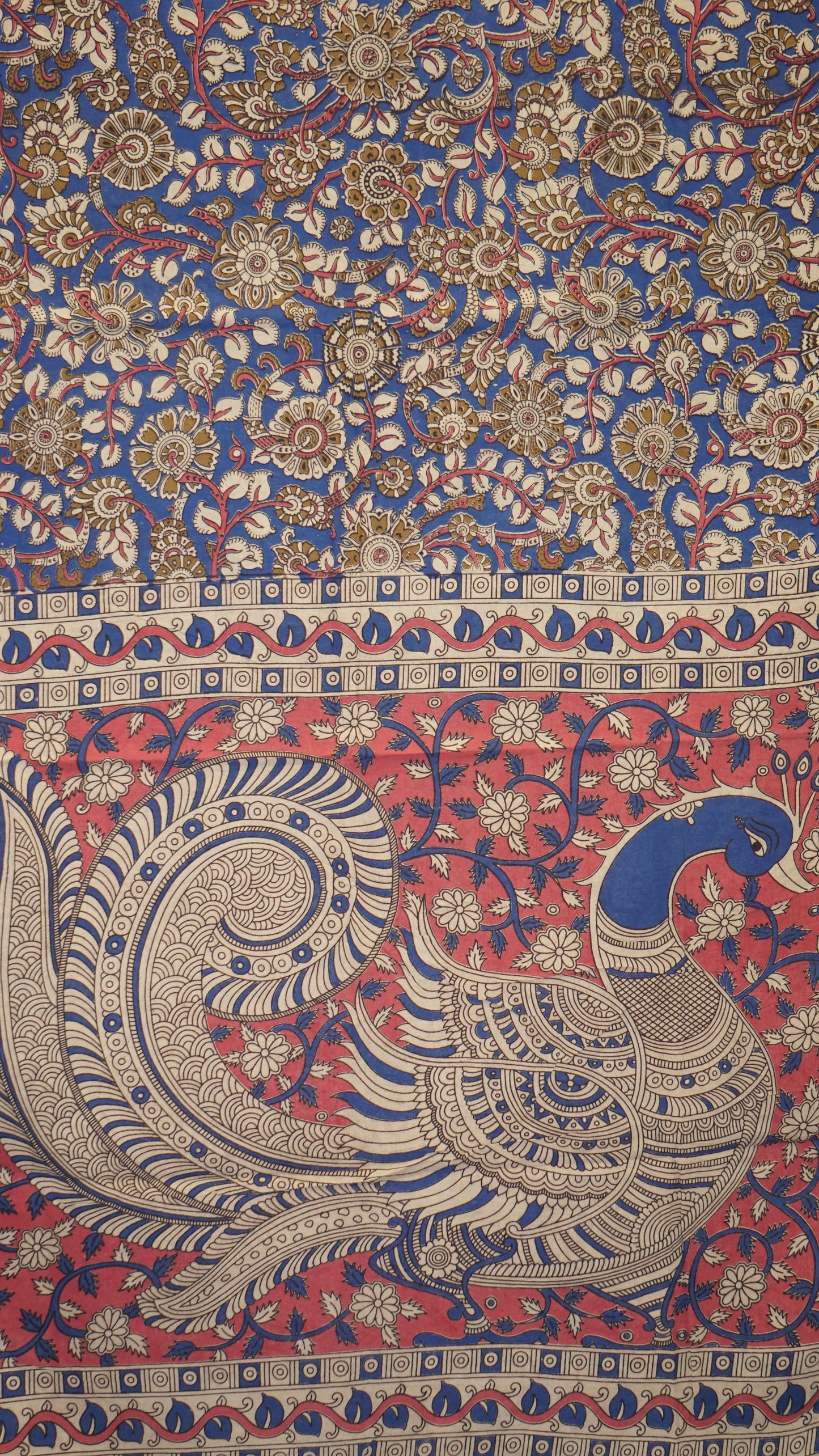 Kalamkari Saree Cotton - Blue With Pink Border