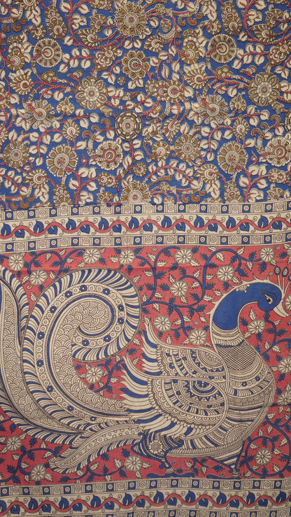 Kalamkari Saree Cotton - Blue With Pink Border