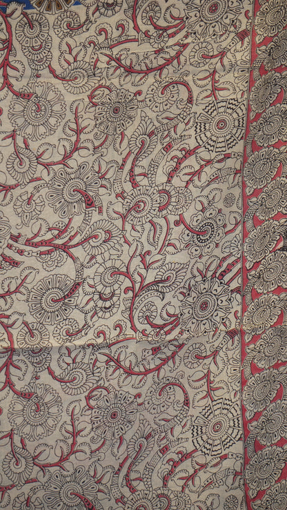 Kalamkari Saree Cotton - Blue With Pink Border