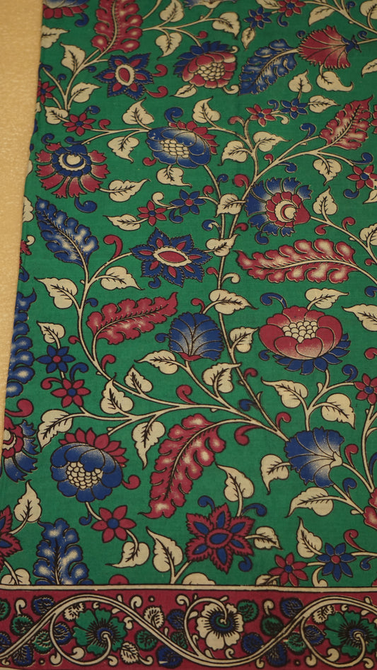 Kalamkari Saree Cotton - Green With Magenta Border