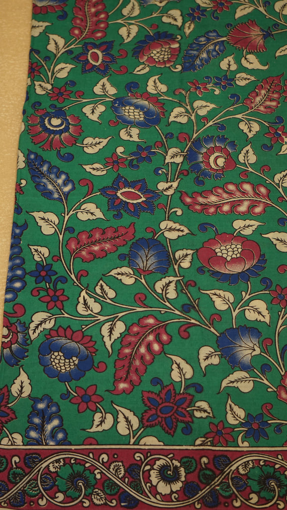 Kalamkari Saree Cotton - Green With Magenta Border
