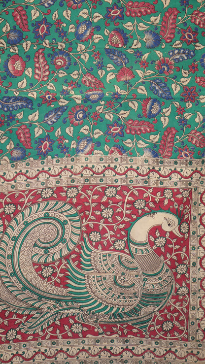 Kalamkari Saree Cotton - Green With Magenta Border
