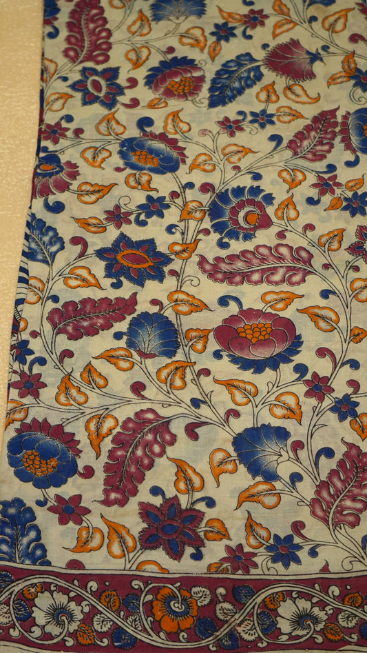 Kalamkari Saree Cotton - Beige With Magenta Border