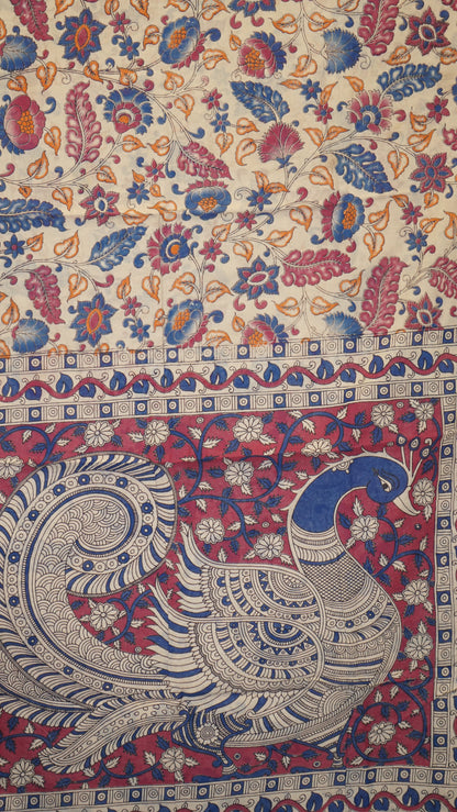 Kalamkari Saree Cotton - Beige With Magenta Border