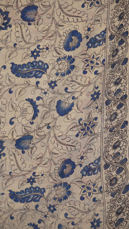 Kalamkari Saree Cotton - Beige With Magenta Border