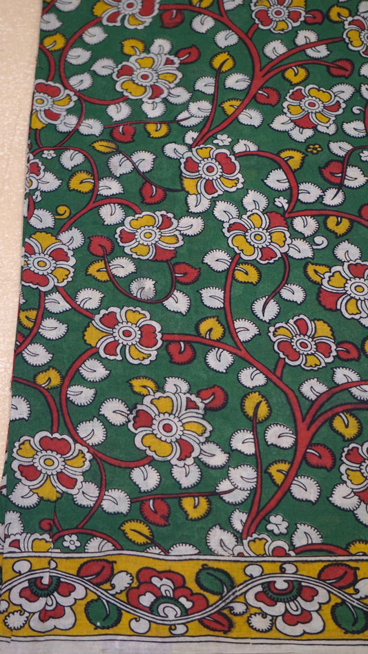 Kalamkari Saree Cotton - Green With Mustard Border