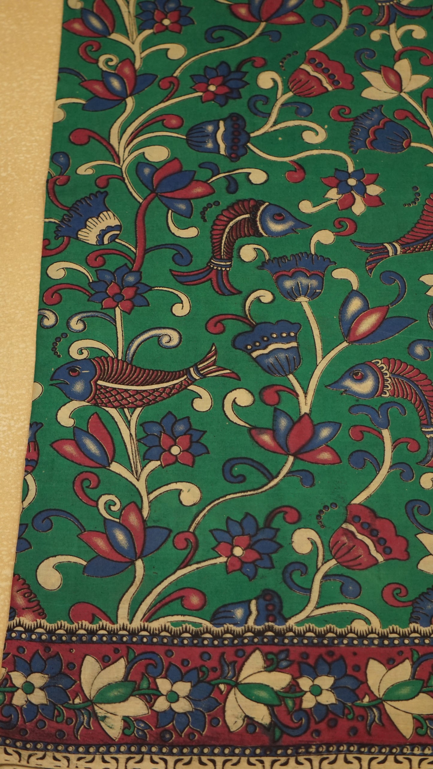 Kalamkari Saree Cotton - Green With Magenta Border