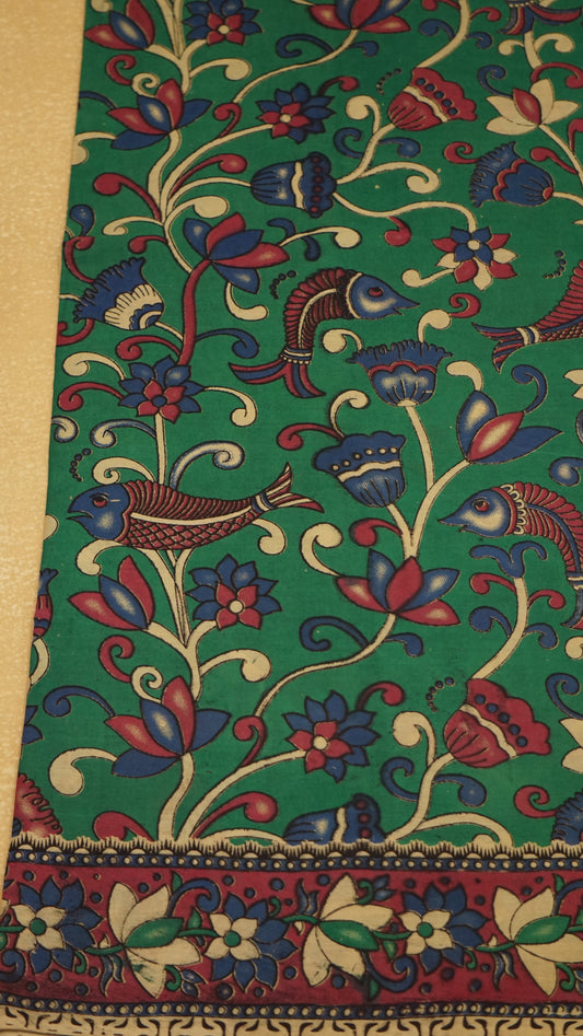 Kalamkari Saree Cotton - Green With Magenta Border