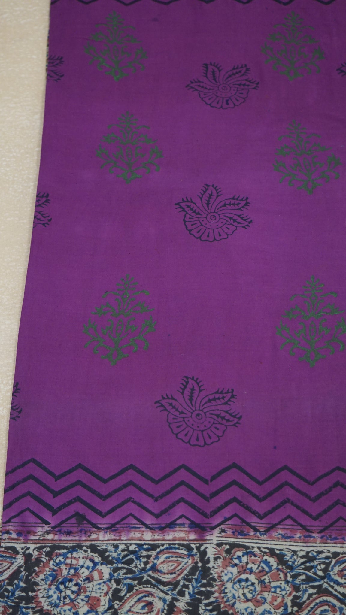 Kalamkari Saree Silk - Purple With Olive Green Border