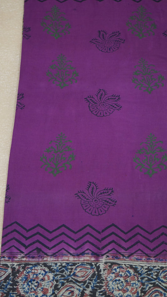 Kalamkari Saree Silk - Purple With Olive Green Border