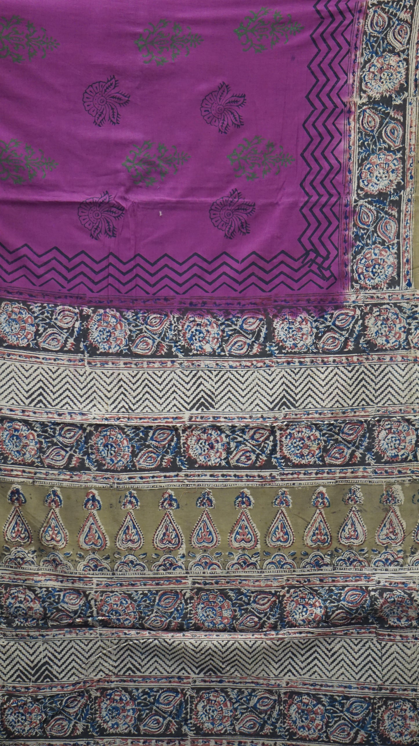 Kalamkari Saree Silk - Purple With Olive Green Border