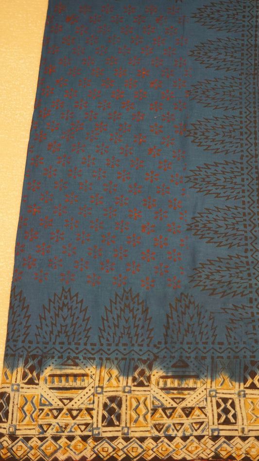 Kalamkari Saree Silk - Navy Blue With Maroon Border