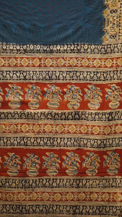 Kalamkari Saree Silk - Navy Blue With Maroon Border