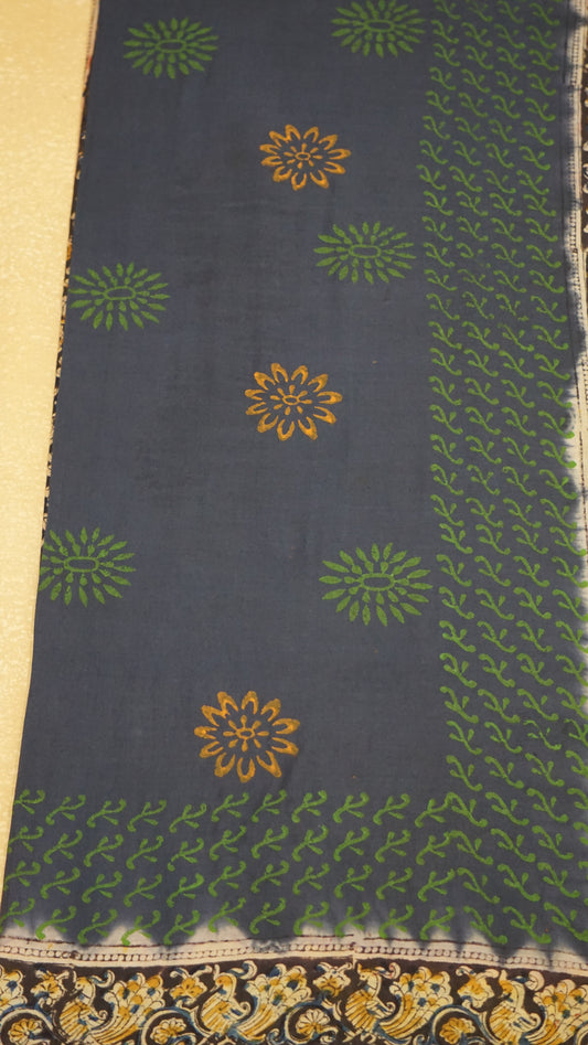 Kalamkari Saree Silk - Navy Blue With Maroon Border