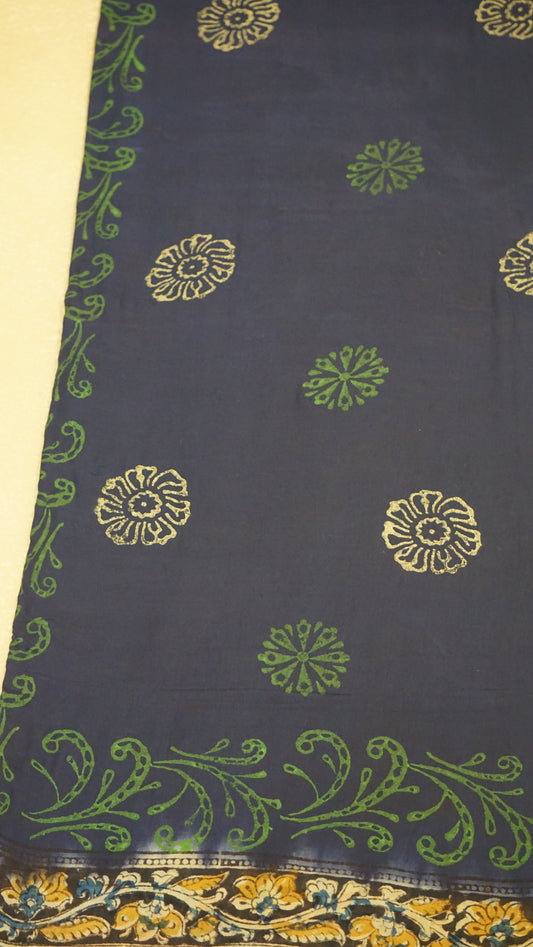 Kalamkari Saree Silk - Navy Blue With Red Border