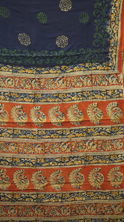 Kalamkari Saree Silk - Navy Blue With Red Border