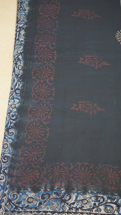 Kalamkari Saree Silk - Black With Blue Border