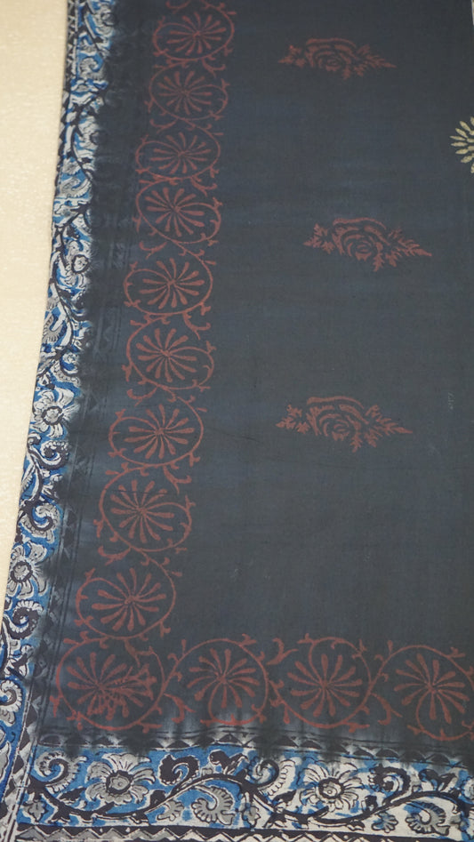 Kalamkari Saree Silk - Black With Blue Border