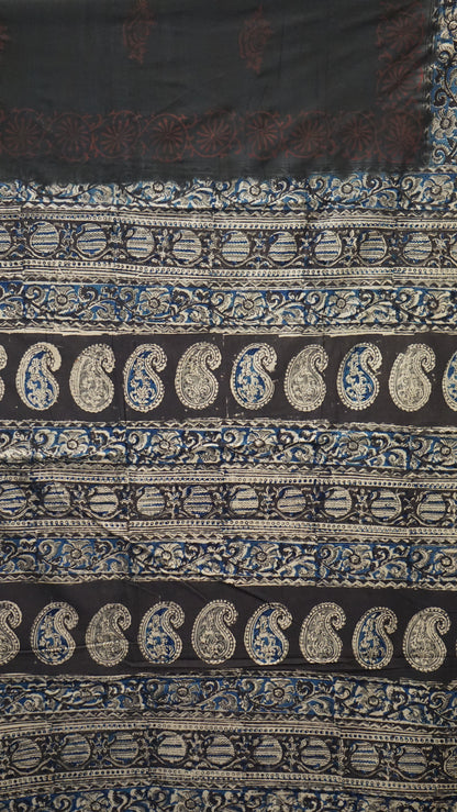 Kalamkari Saree Silk - Black With Blue Border