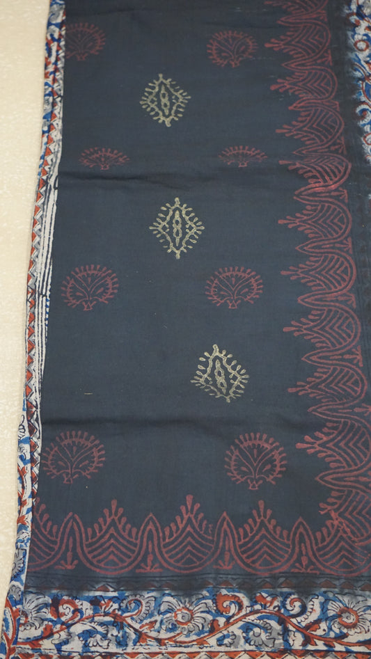 Kalamkari Saree Silk - Black With Blue & Red Floral Border