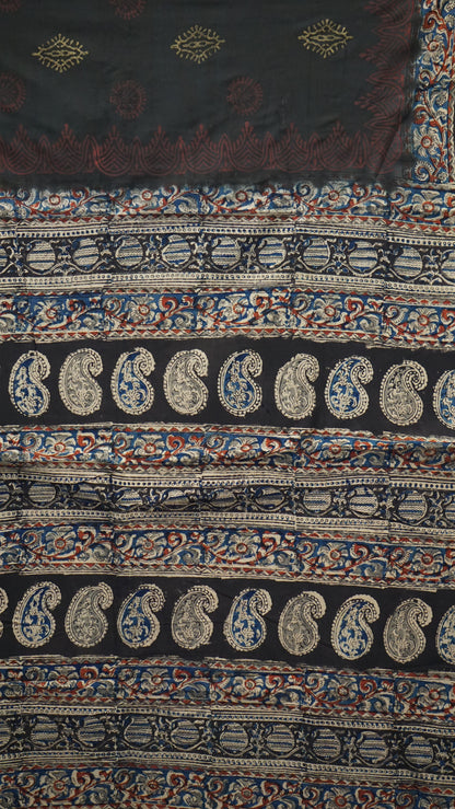 Kalamkari Saree Silk - Black With Blue & Red Floral Border
