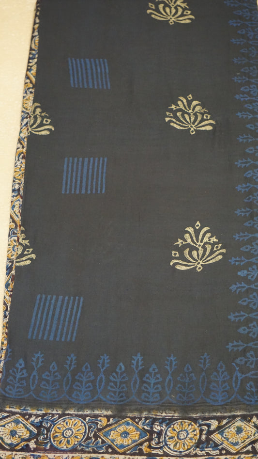 Kalamkari Saree Silk - Black With Brown Design