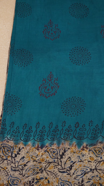 Kalamkari Saree Silk - Teal Blue With Beige Border