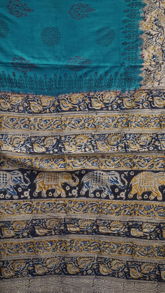 Kalamkari Saree Silk - Teal Blue With Beige Border
