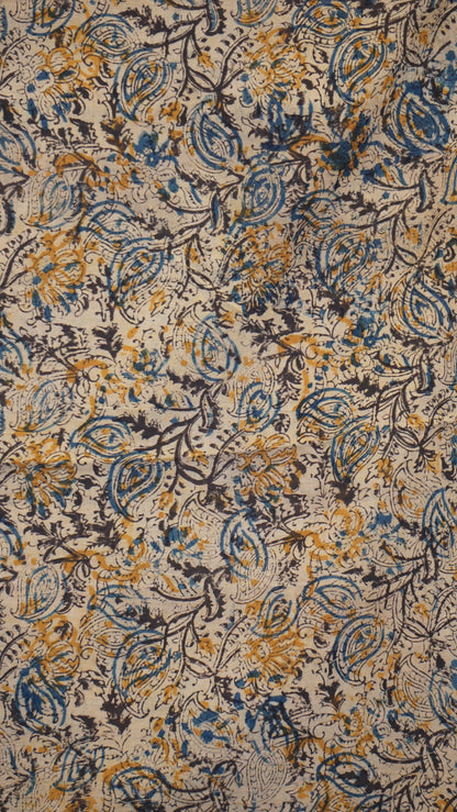 Kalamkari Saree Silk - Teal Blue With Beige Border