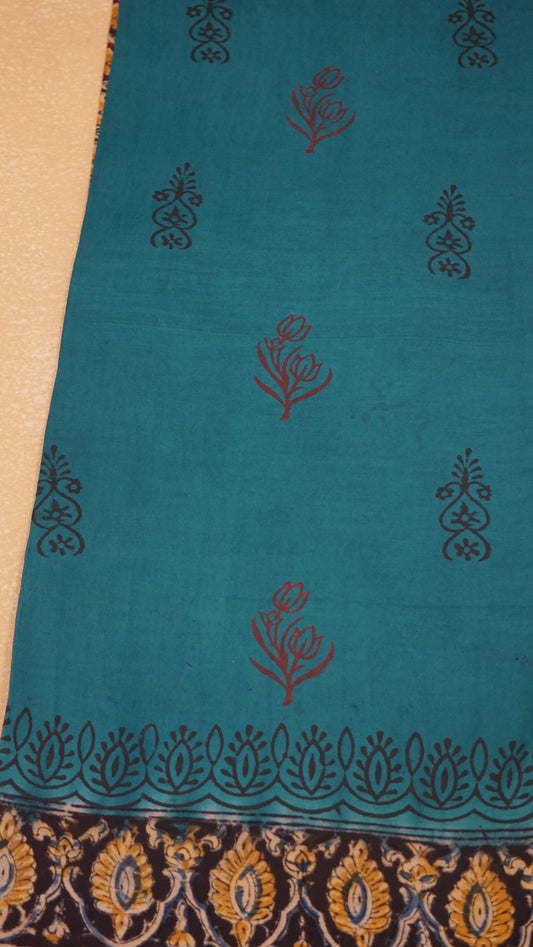 Kalamkari Saree Silk - Teal Blue With Maroon Border