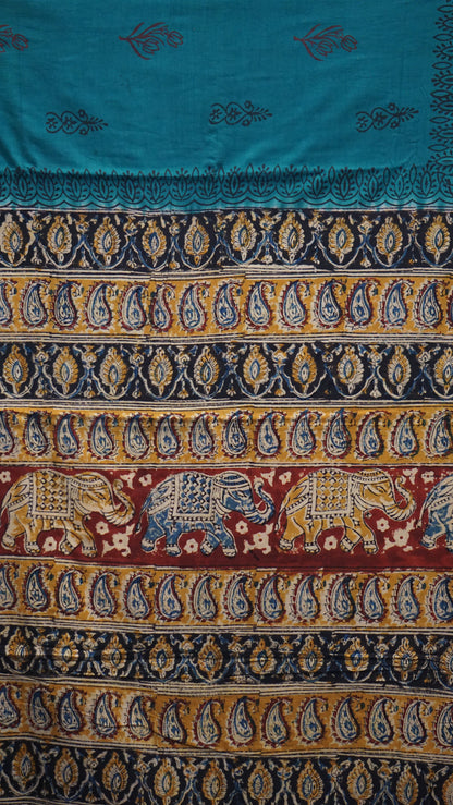 Kalamkari Saree Silk - Teal Blue With Maroon Border