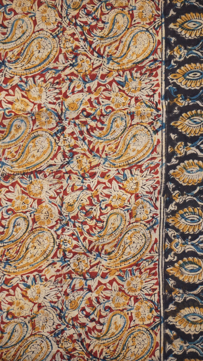 Kalamkari Saree Silk - Teal Blue With Maroon Border
