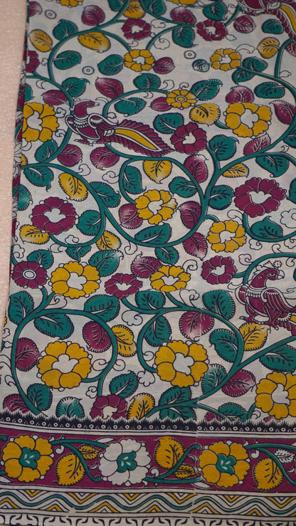Kalamkari Saree Silk - Beige With Magenta Border