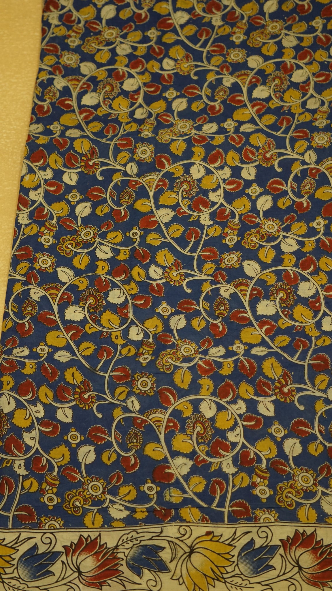 Kalamkari Saree Silk - Blue With Beige Border