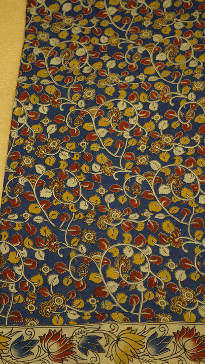 Kalamkari Saree Silk - Blue With Beige Border