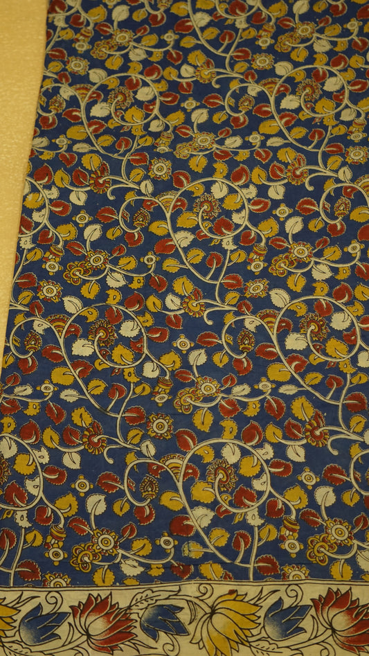 Kalamkari Saree Silk - Blue With Beige Border